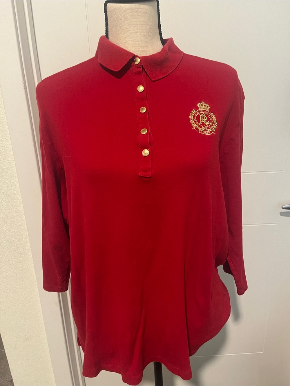 Lauren Ralph Lauren Red Embroidered Crest Collar Shirt Preppy Academia